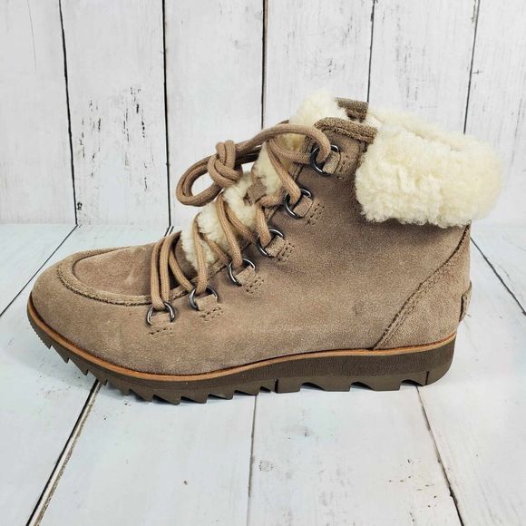 Sorel Harlow Lace Cozy Bootie Tan Suede Sherpa Women's Size 6.5 Winter Boots - Picture 4 of 11